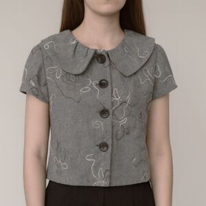NWT Double Stitch Wool Blend Embroidered Button Top XS Gray Peter Pan Collar